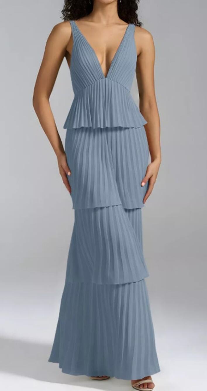 AW BRIDAL 10 L dusty blue Asma tiered pleated backless party maxi dress NEW 0b7